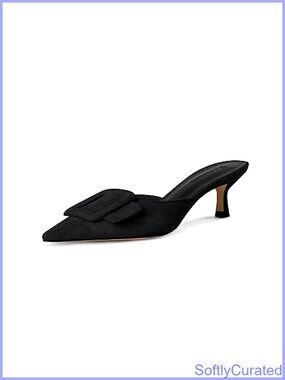 Faux Suede Slingback Buckle Pointed Toe Kitten Heel Mule Slippers